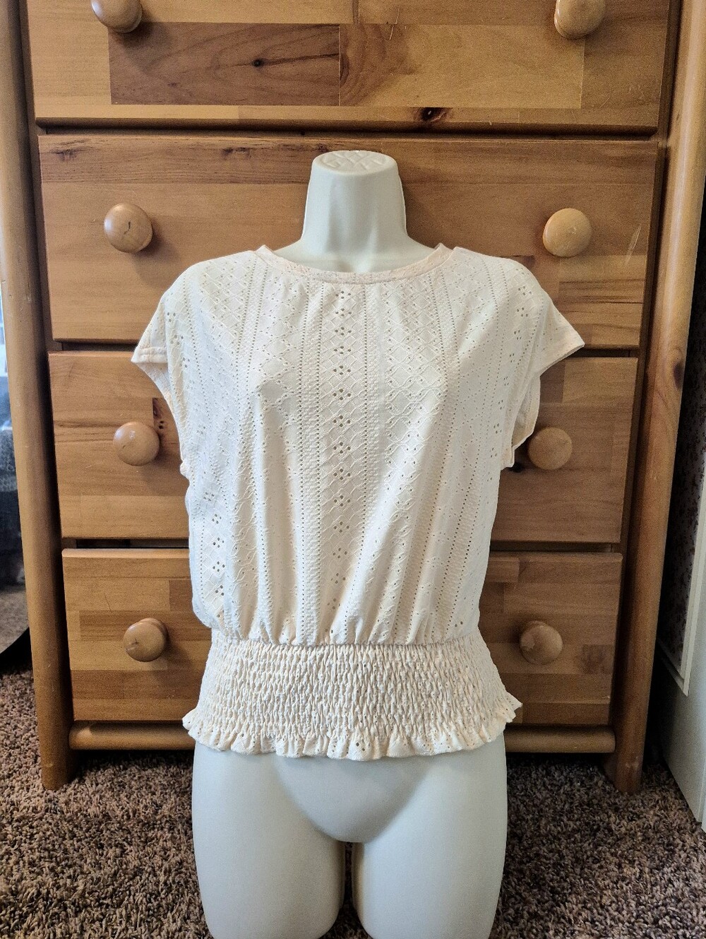 Shein Pale Yellow Eyelet Short Sleeve Smocked-Waist Top Size S